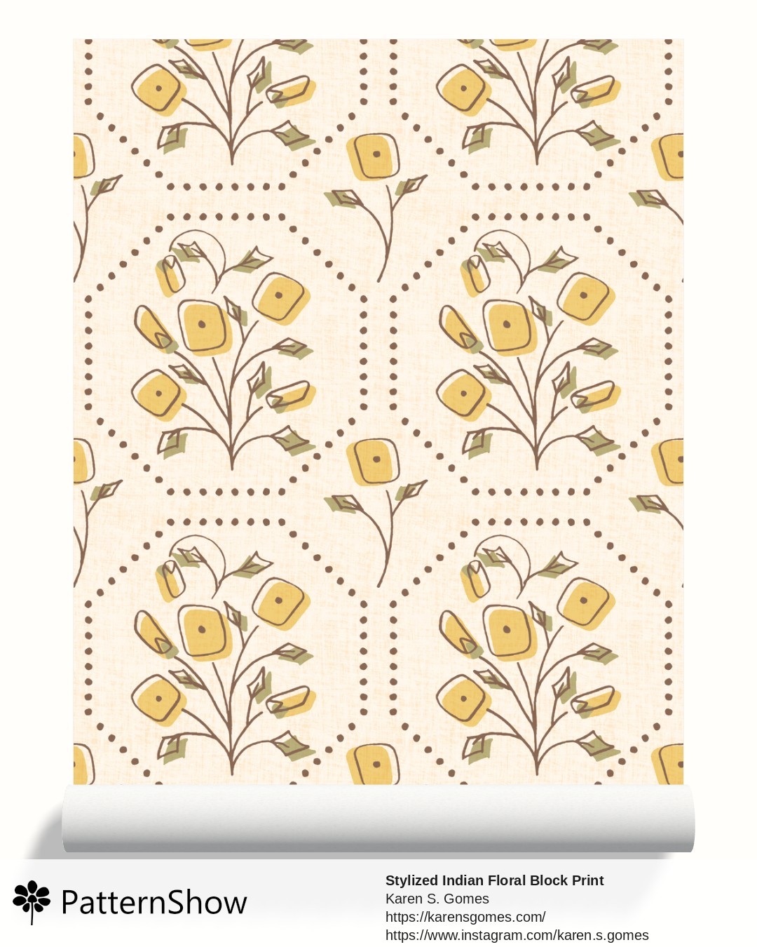 Stylized Indian Floral Block Print wallpaper - Off White & Butter Yellow