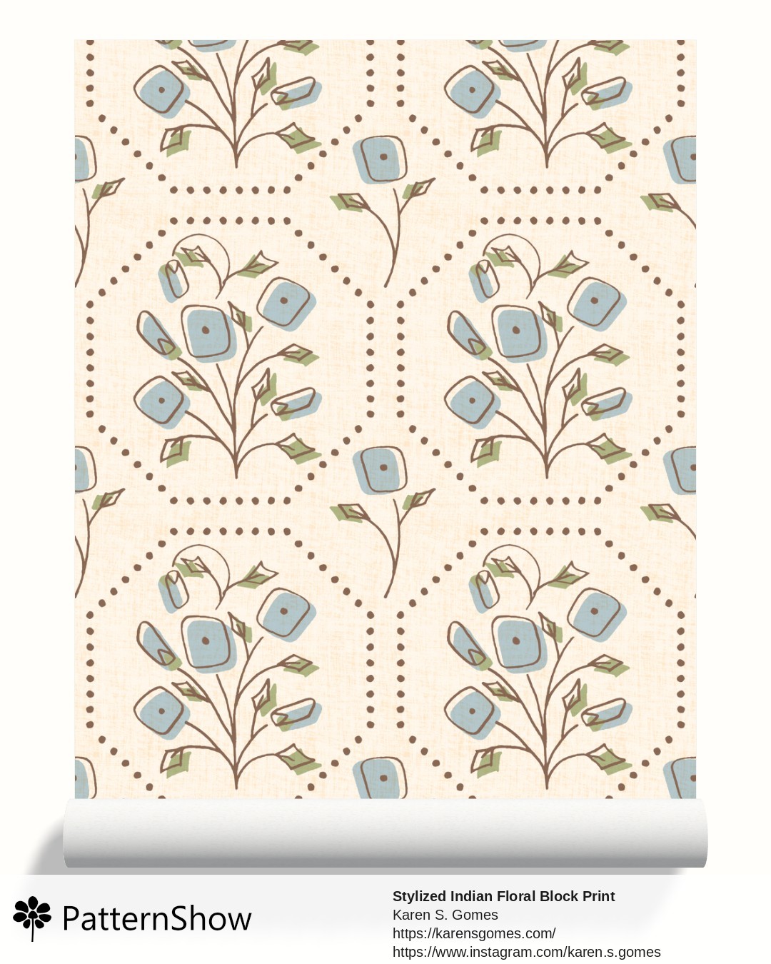 Stylized Indian Floral Block Print wallpaper - Off White & Dusty Blue