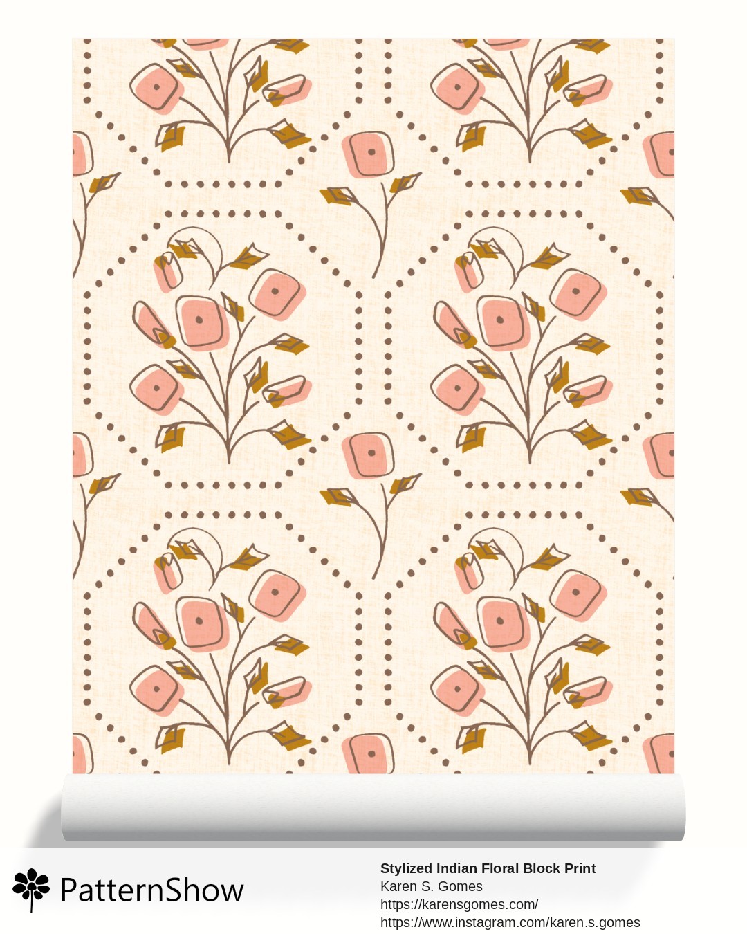 Stylized Indian Floral Block Print wallpaper - Off White & Salmon Pink