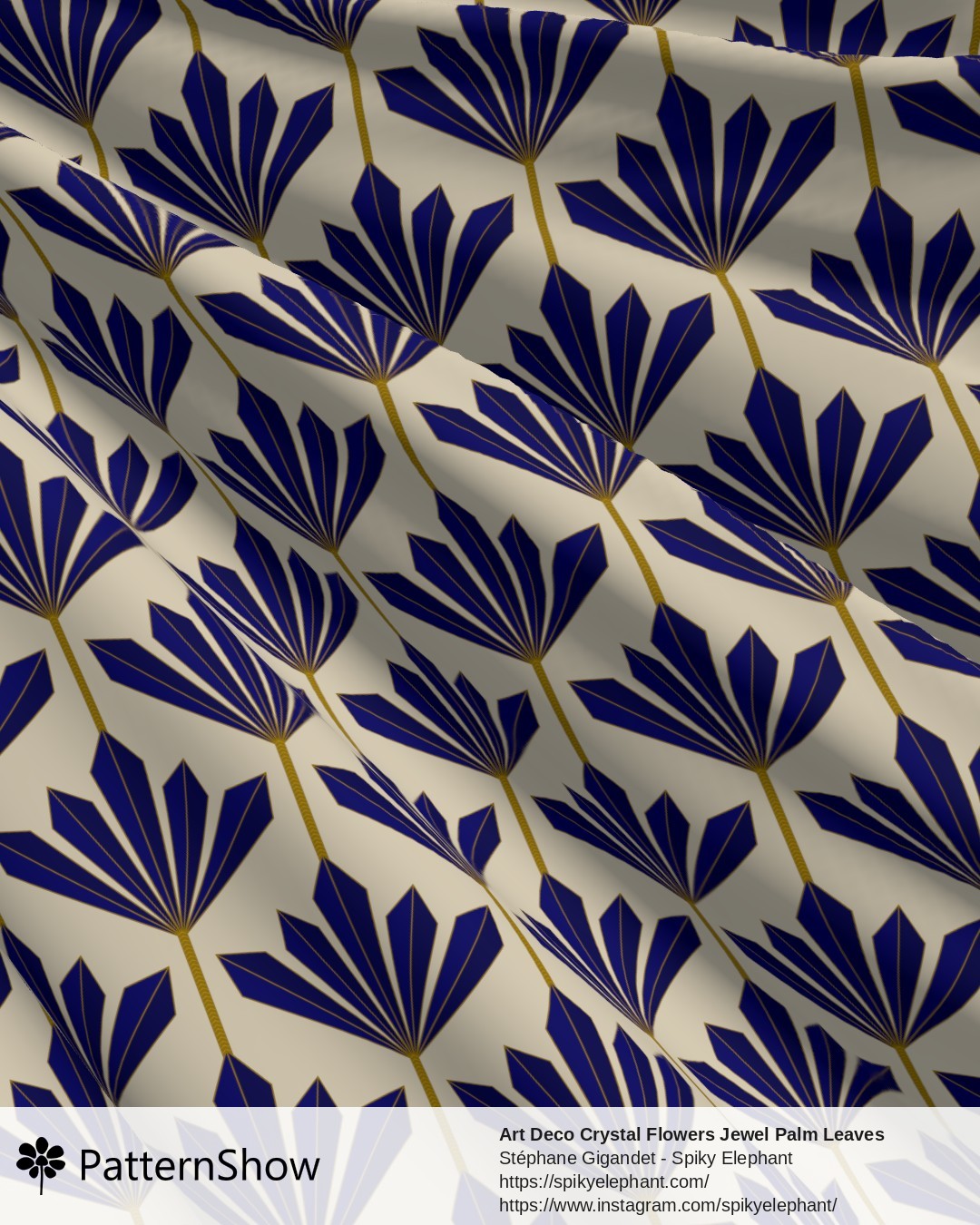 Art Deco Crystal Flowers Jewel Palm Leaves - Sapphire Blue and Gold on Light Butter Yellow Cream