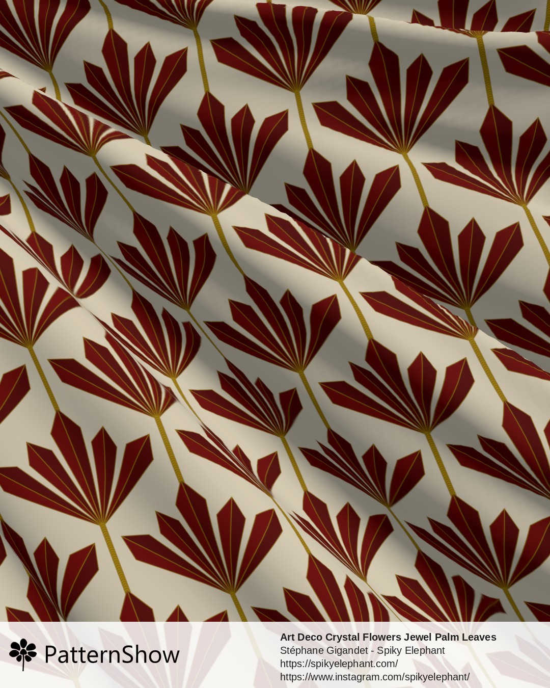 Art Deco Crystal Flowers Jewel Palm Leaves - Ruby Red and Gold on Light Butter Yellow Cream