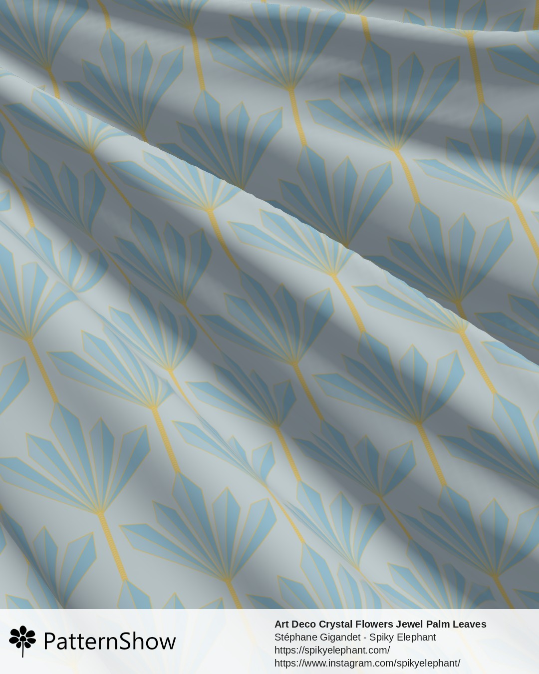 Art Deco Crystal Flowers Jewel Palm Leaves - Light Blue and Gold on Soft Baby Blue Pastel