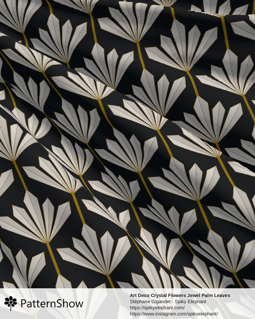 Art Deco Crystal Flowers Jewel Palm Leaves - Ivory White and Gold on Charcoal Grey Black