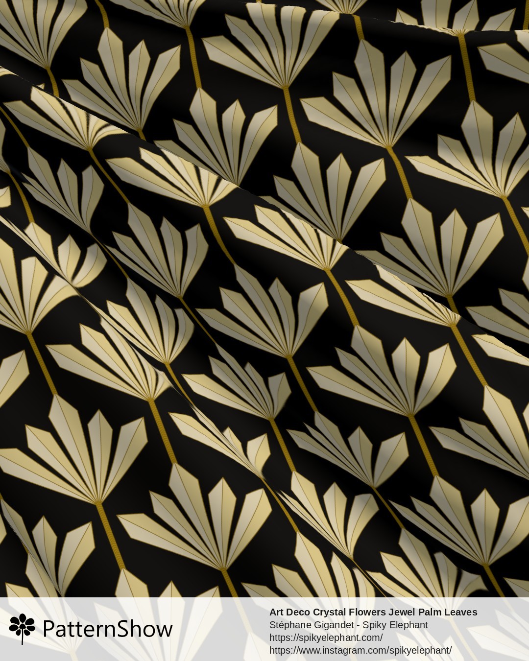 Art Deco Crystal Flowers Jewel Palm Leaves - Gold on Black