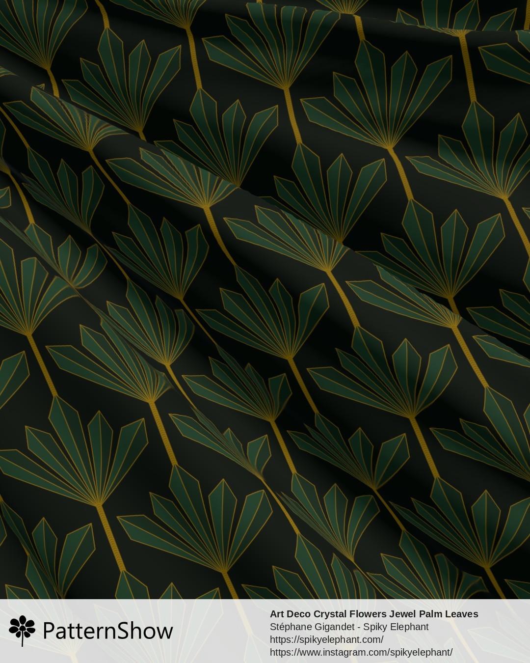Art Deco Crystal Flowers Jewel Palm Leaves - Emerald Green and Gold on Dark Green