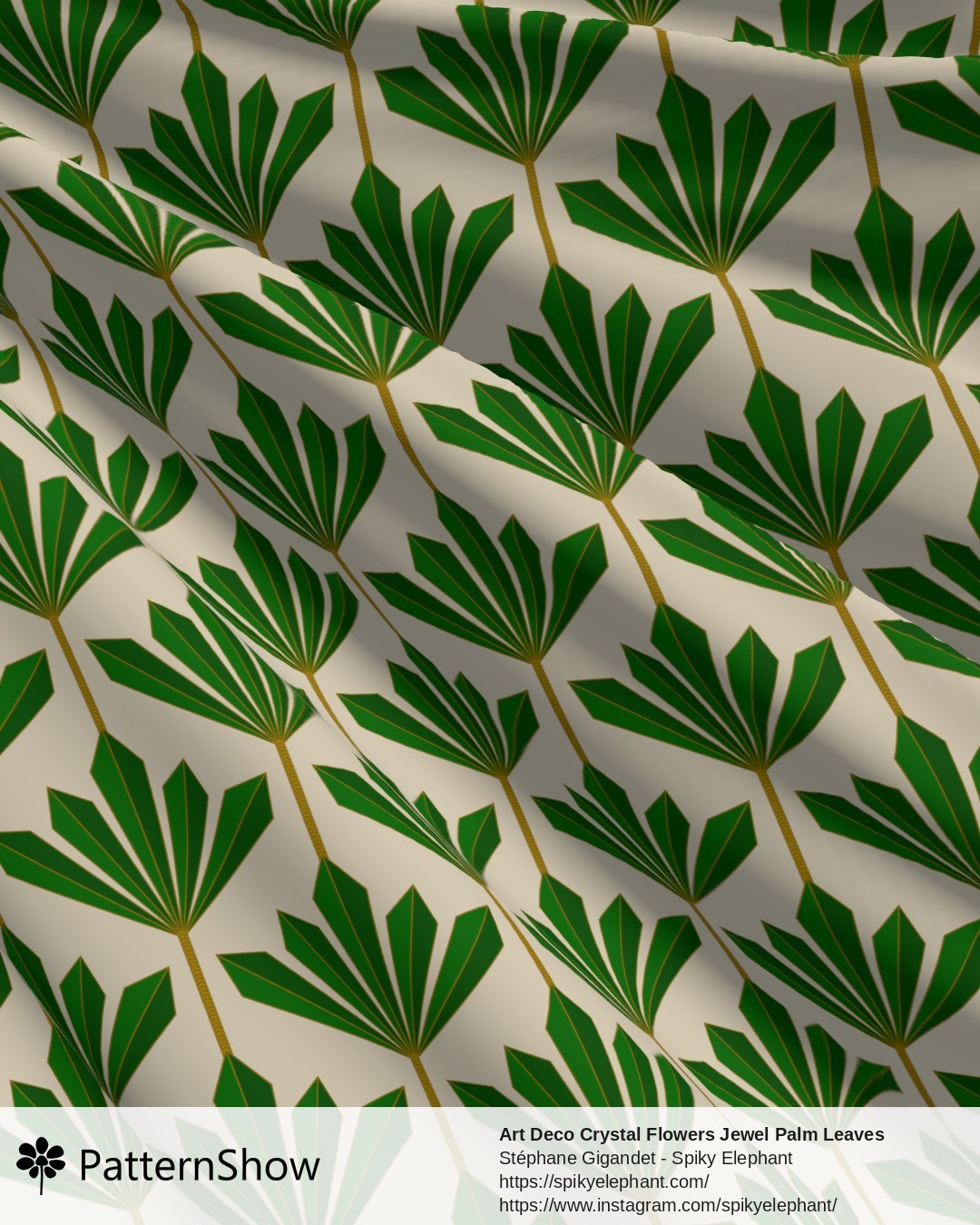 Art Deco Crystal Flowers Jewel Palm Leaves - Emerald Green and Gold on Butter Yellow Cream