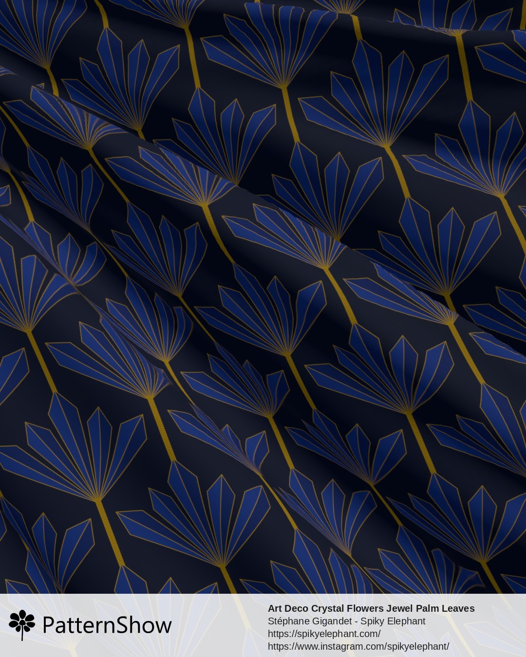 Art Deco Crystal Flowers Jewel Palm Leaves - Royal Blue Navy and Gold on Dark Teal