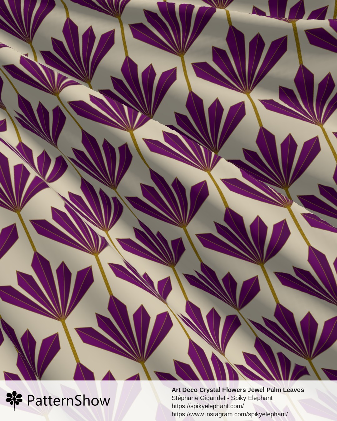 Art Deco Crystal Flowers Jewel Palm Leaves - Amethyst Purple and Gold on Soft Yellow Cream