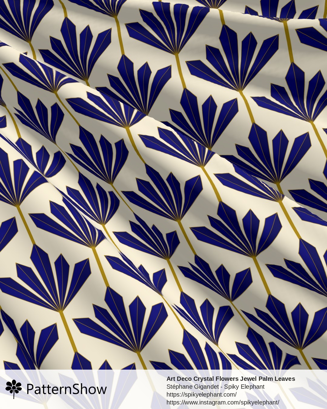 Art Deco Crystal Flowers Jewel Palm Leaves - Sapphire Blue and Gold on Light Butter Yellow Cream