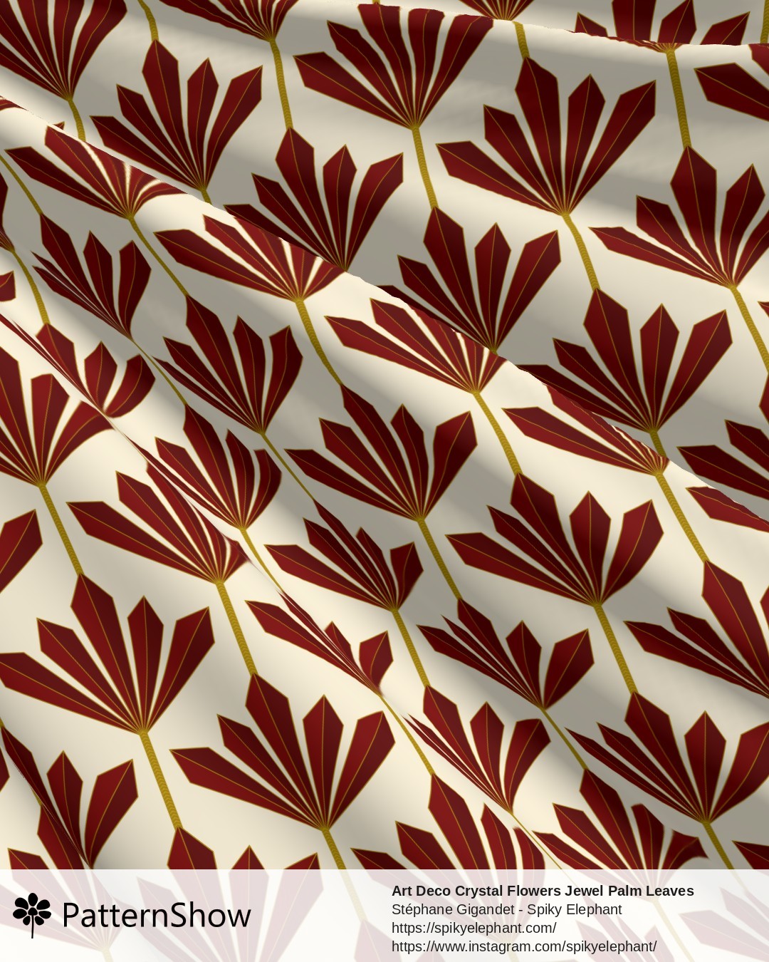 Art Deco Crystal Flowers Jewel Palm Leaves - Ruby Red and Gold on Light Butter Yellow Cream