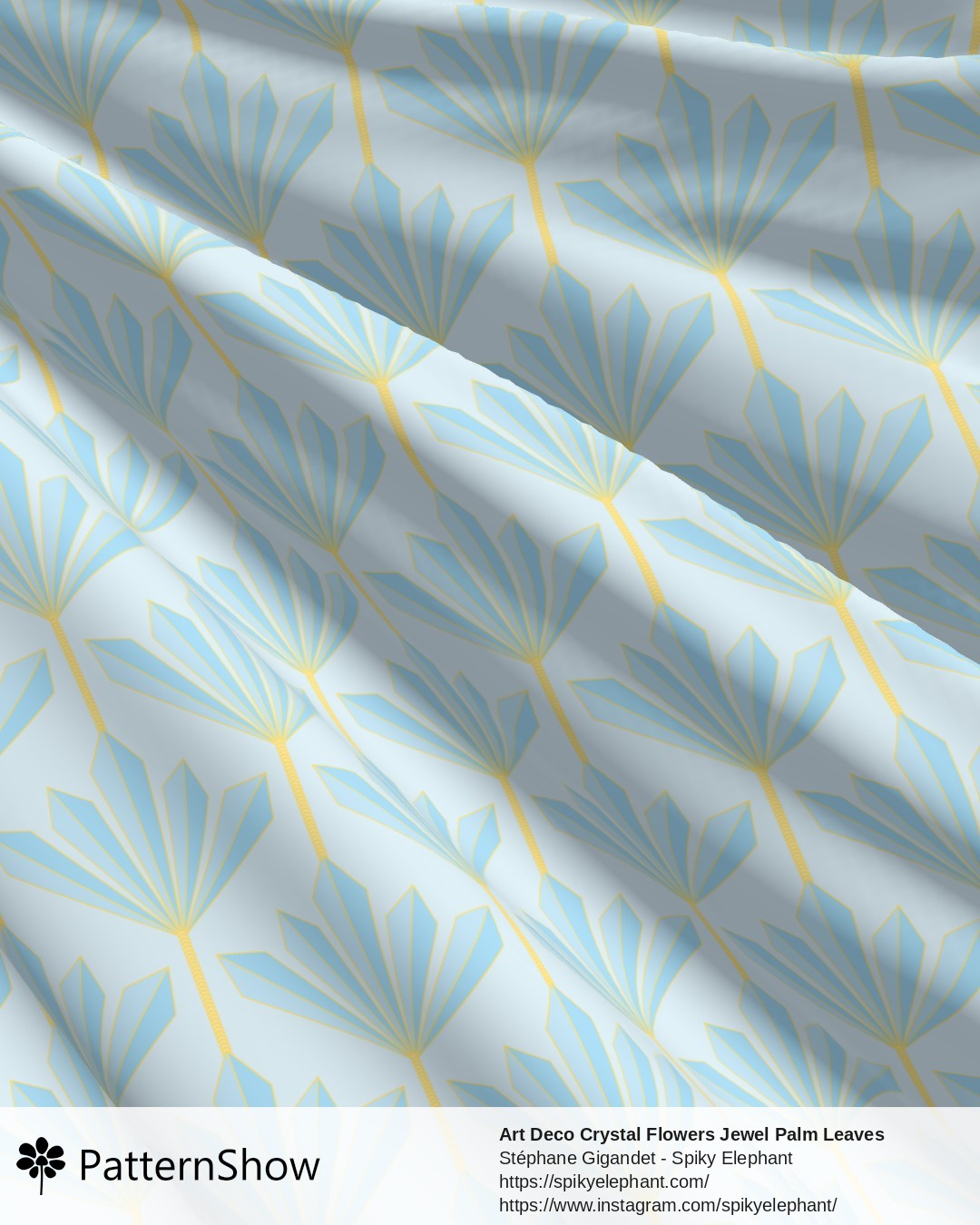 Art Deco Crystal Flowers Jewel Palm Leaves - Light Blue and Gold on Soft Baby Blue Pastel