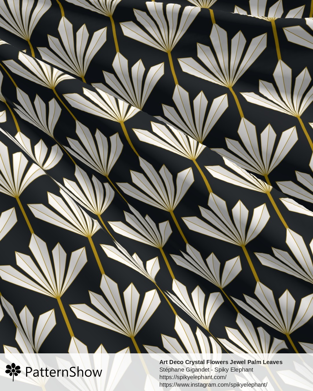 Art Deco Crystal Flowers Jewel Palm Leaves - Ivory White and Gold on Charcoal Grey Black