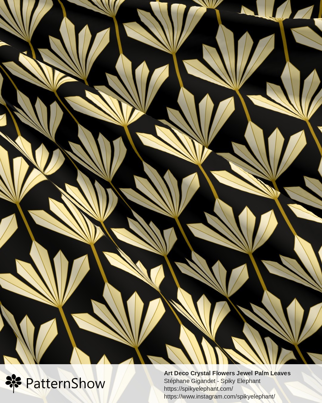 Art Deco Crystal Flowers Jewel Palm Leaves - Gold on Black