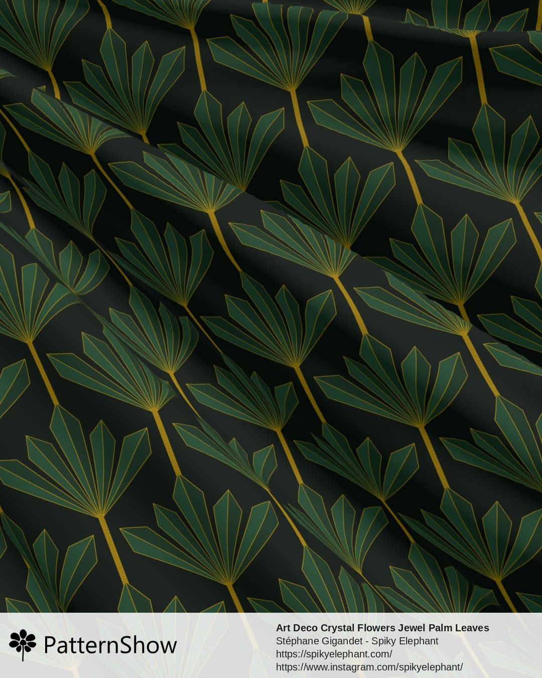 Art Deco Crystal Flowers Jewel Palm Leaves - Emerald Green and Gold on Dark Green