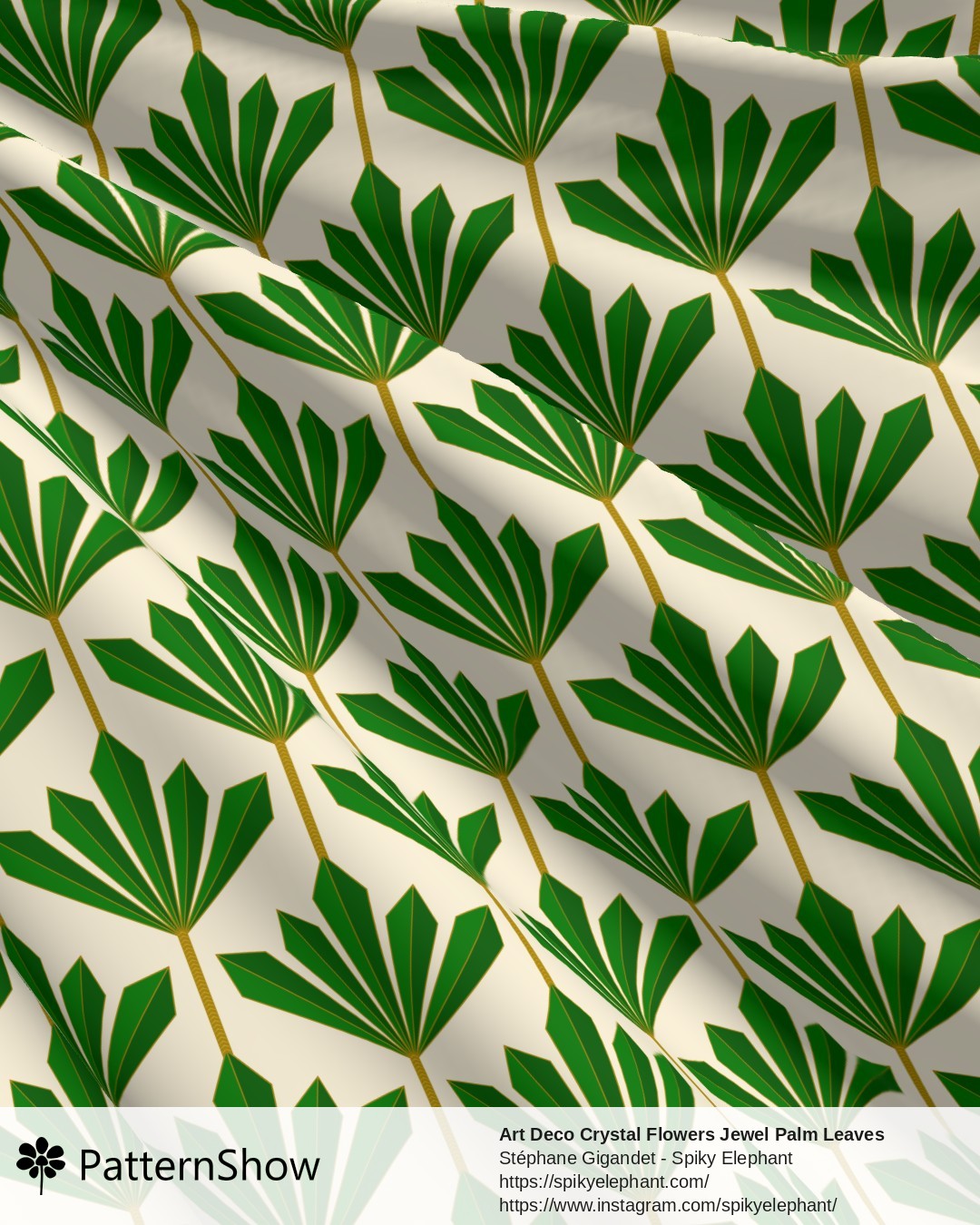 Art Deco Crystal Flowers Jewel Palm Leaves - Emerald Green and Gold on Butter Yellow Cream