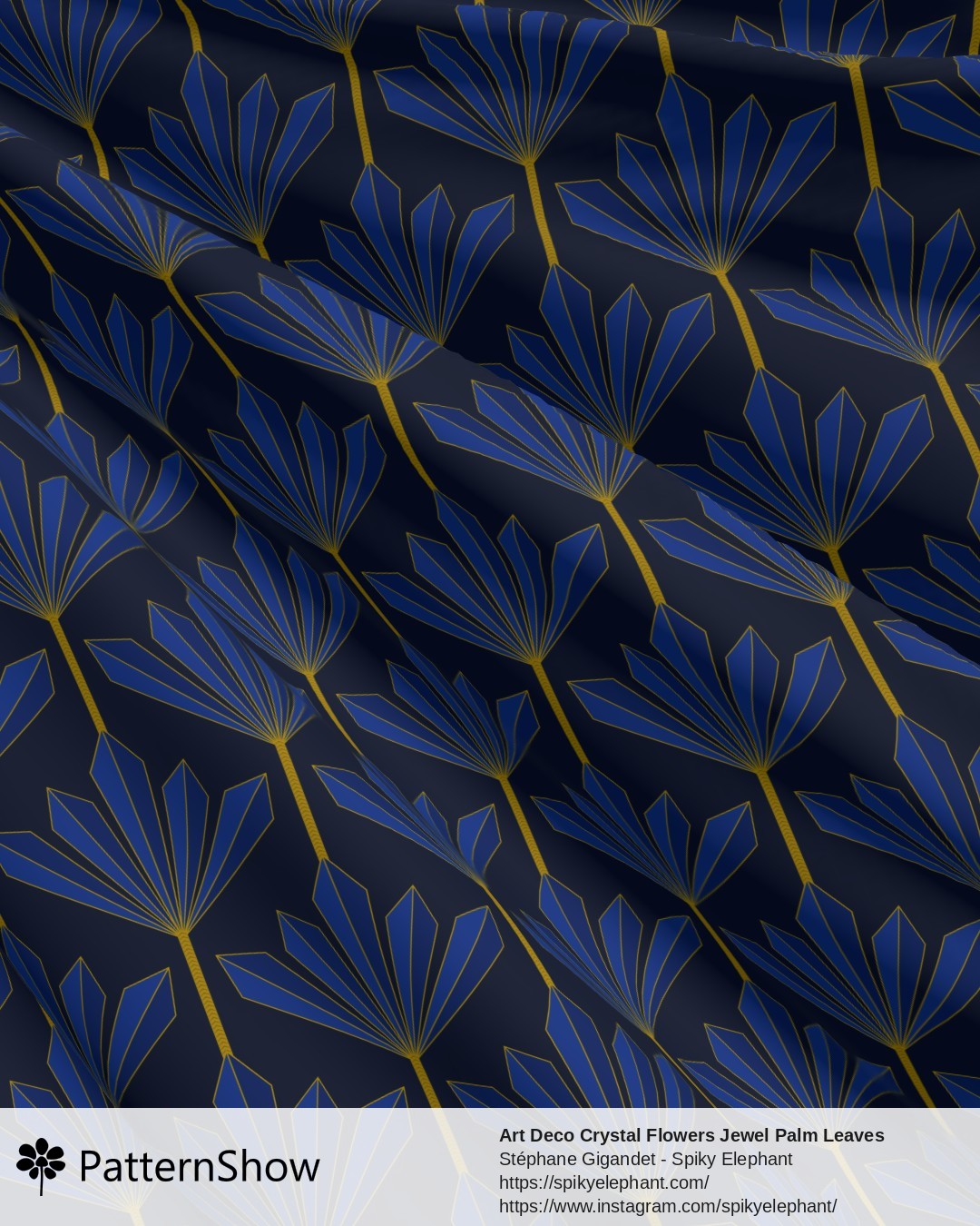 Art Deco Crystal Flowers Jewel Palm Leaves - Royal Blue Navy and Gold on Dark Teal