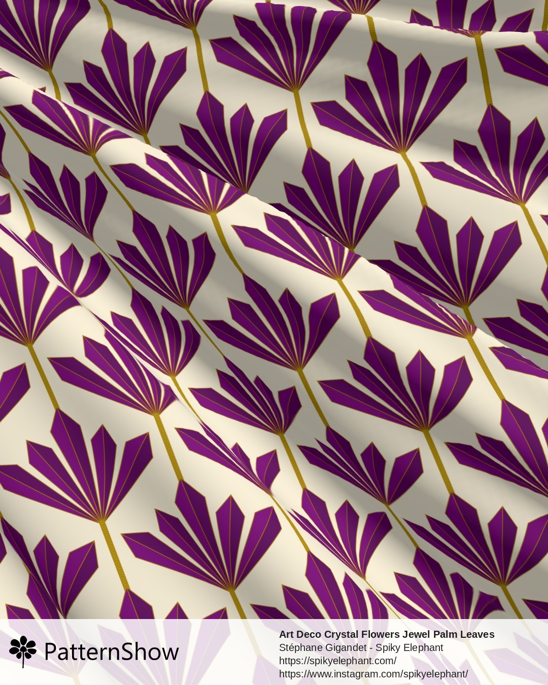 Art Deco Crystal Flowers Jewel Palm Leaves - Amethyst Purple and Gold on Soft Yellow Cream