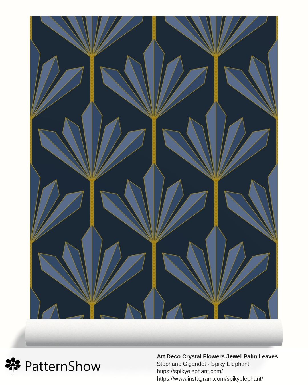 Art Deco Crystal Flowers Jewel Palm Leaves wallpaper - Steel Blue Grey and Gold on Dark Teal