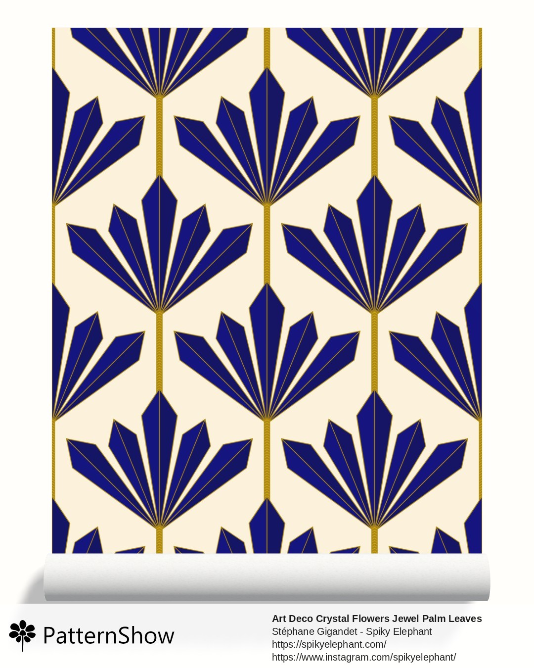 Art Deco Crystal Flowers Jewel Palm Leaves wallpaper - Sapphire Blue and Gold on Light Butter Yellow Cream