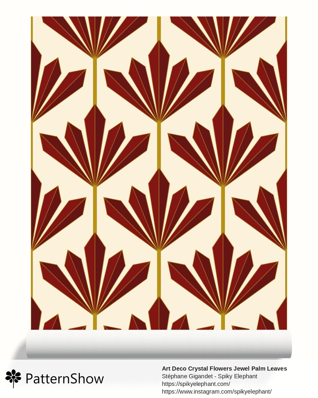 Art Deco Crystal Flowers Jewel Palm Leaves wallpaper - Ruby Red and Gold on Light Butter Yellow Cream