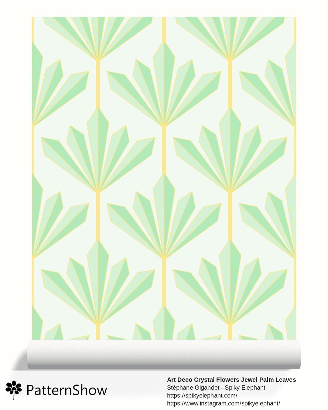 Art Deco Crystal Flowers Jewel Palm Leaves wallpaper - Light Green and Gold on Soft Light Green