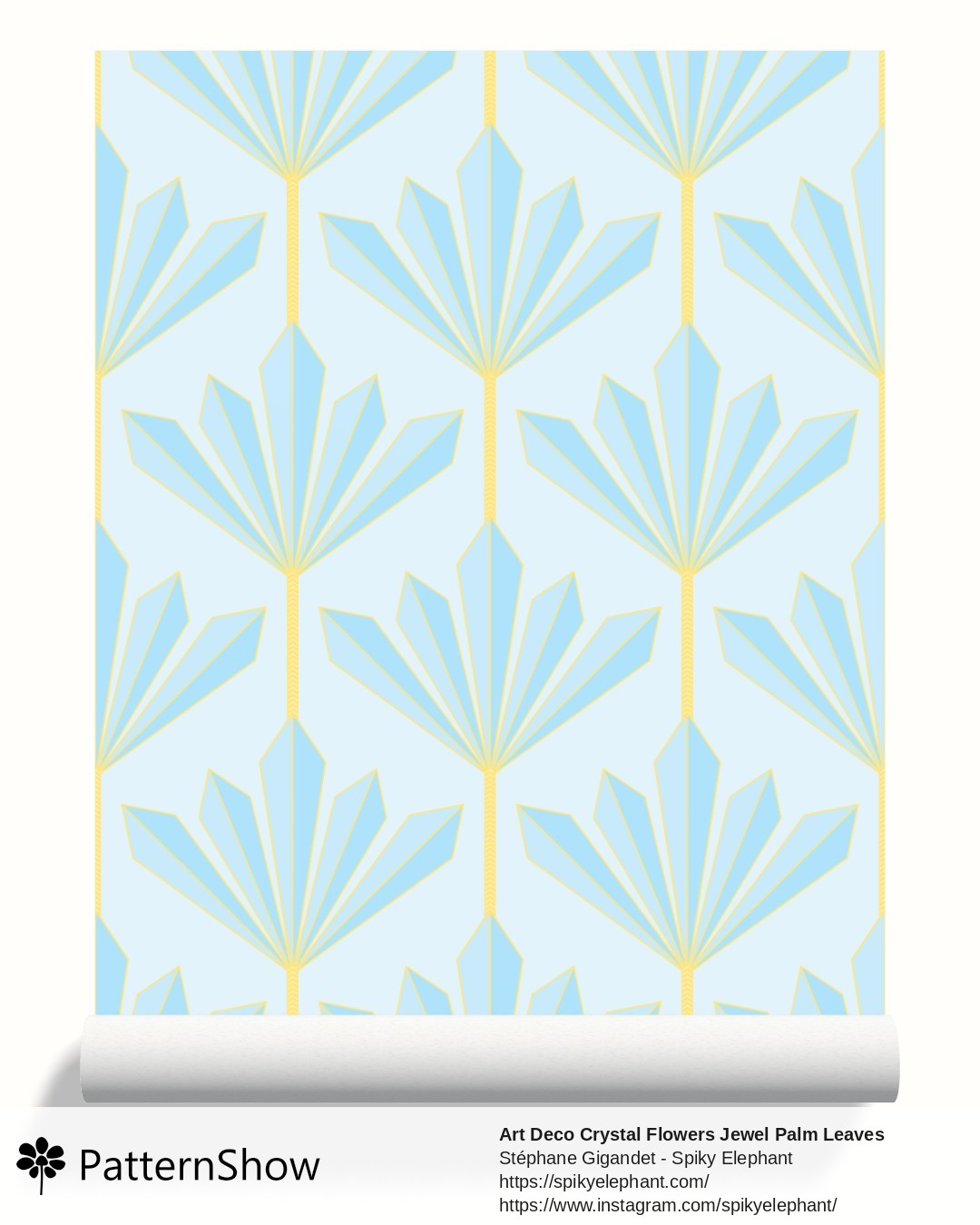 Art Deco Crystal Flowers Jewel Palm Leaves wallpaper - Light Blue and Gold on Soft Baby Blue Pastel