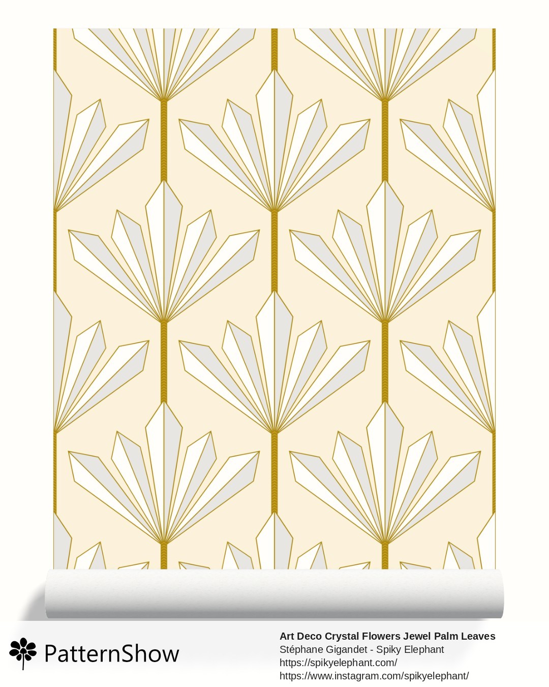 Art Deco Crystal Flowers Jewel Palm Leaves wallpaper - Ivory Eggshell White and Gold on Soft Beige Cream