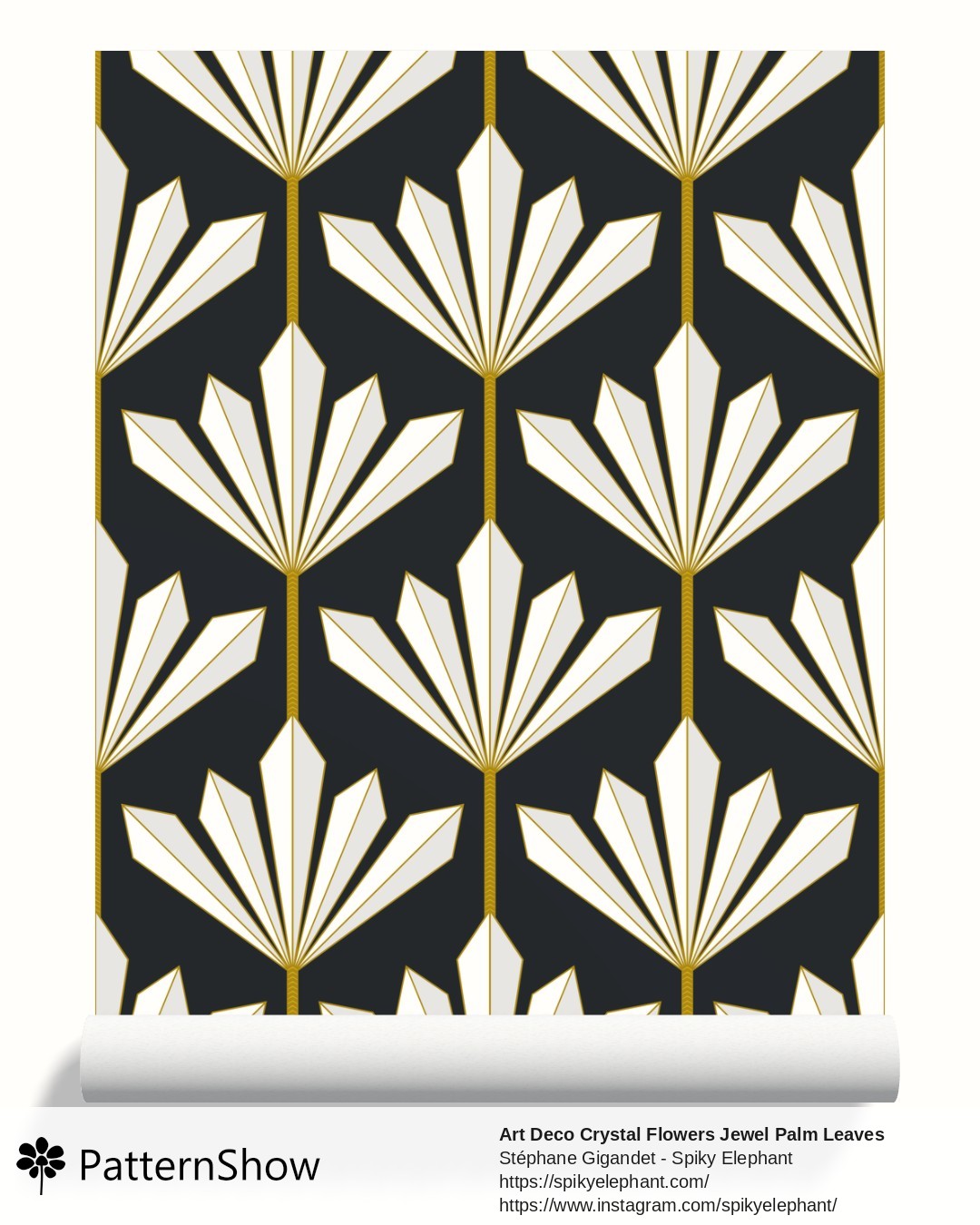 Art Deco Crystal Flowers Jewel Palm Leaves wallpaper - Ivory White and Gold on Charcoal Grey Black