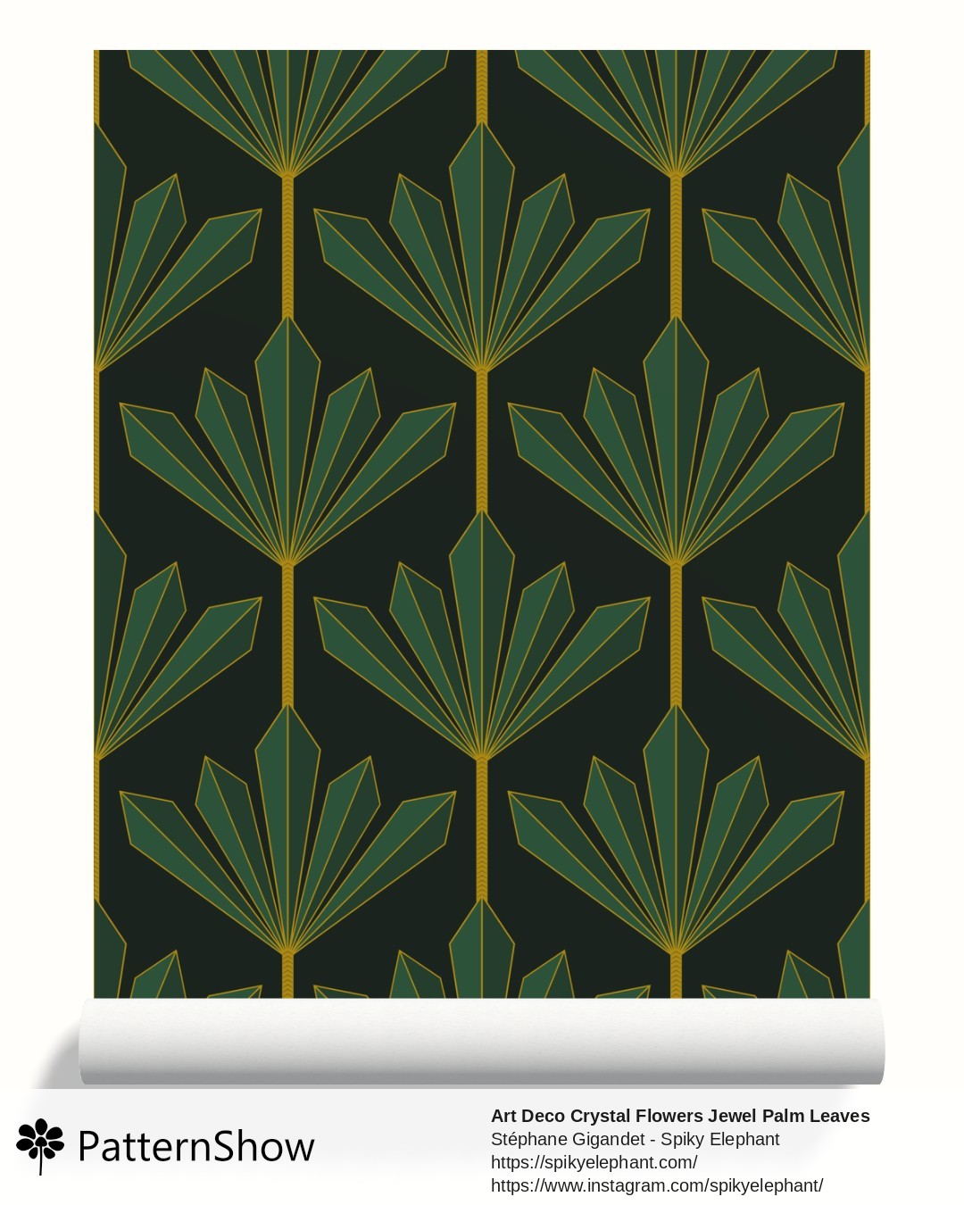 Art Deco Crystal Flowers Jewel Palm Leaves wallpaper - Emerald Green and Gold on Dark Green