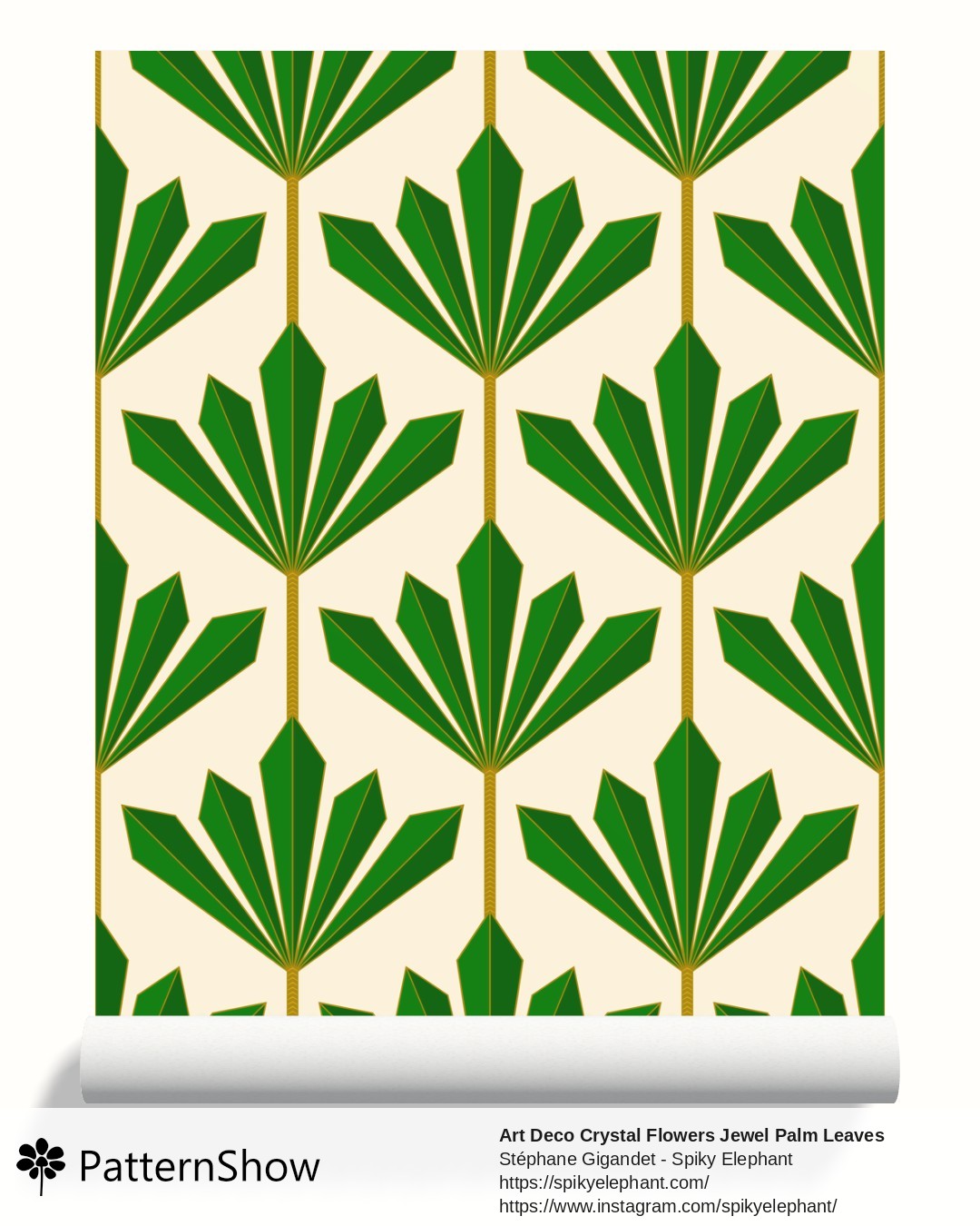 Art Deco Crystal Flowers Jewel Palm Leaves wallpaper - Emerald Green and Gold on Butter Yellow Cream