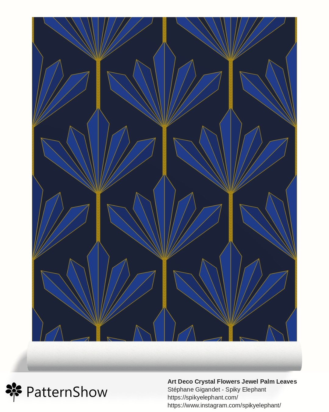 Art Deco Crystal Flowers Jewel Palm Leaves wallpaper - Royal Blue Navy and Gold on Dark Teal