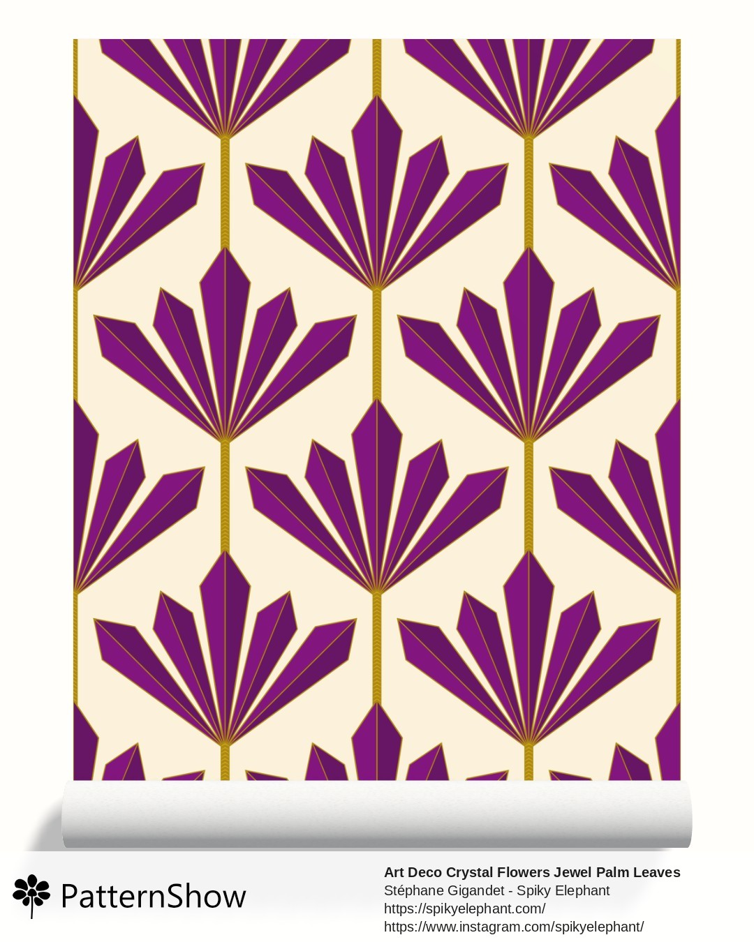 Art Deco Crystal Flowers Jewel Palm Leaves wallpaper - Amethyst Purple and Gold on Soft Yellow Cream