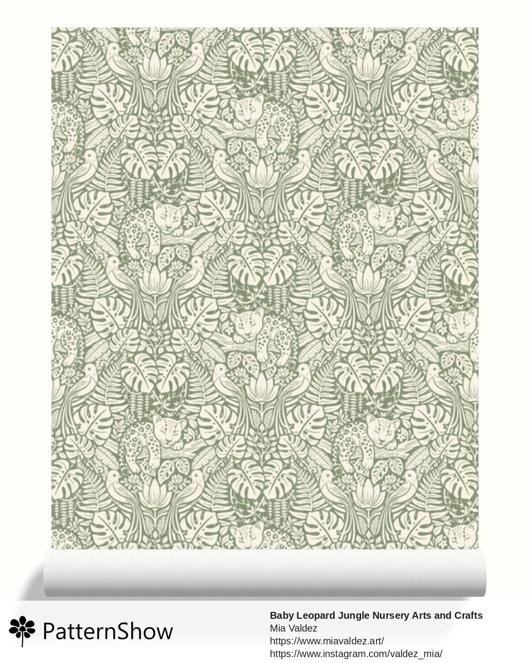 Baby Leopard Jungle Nursery Arts and Crafts wallpaper - Dark Sage Green