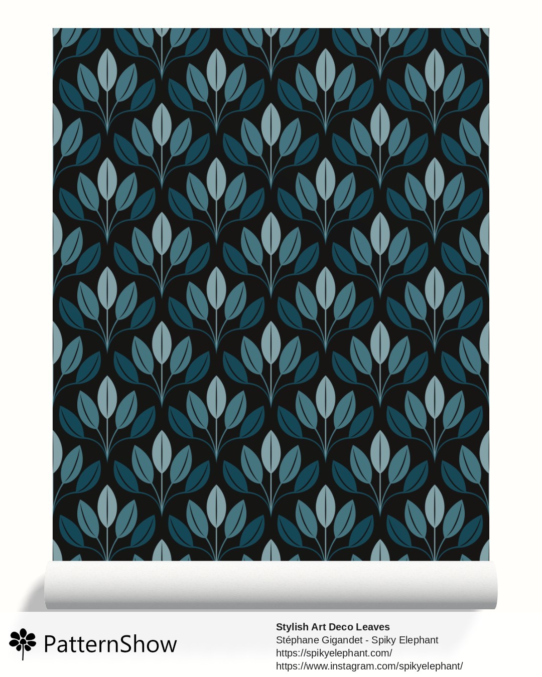 Stylish Art Deco Leaves wallpaper - Moody Deep Teal Blue Dramatic Black