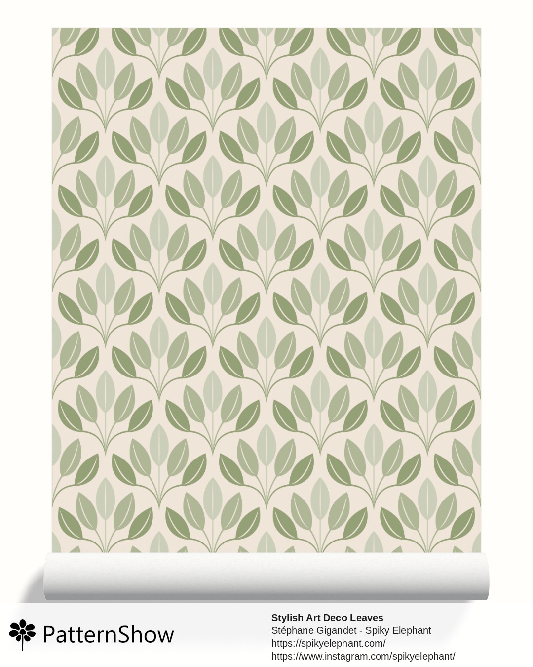 Stylish Art Deco Leaves wallpaper - Serene Rich Sage Green Earthy Cream