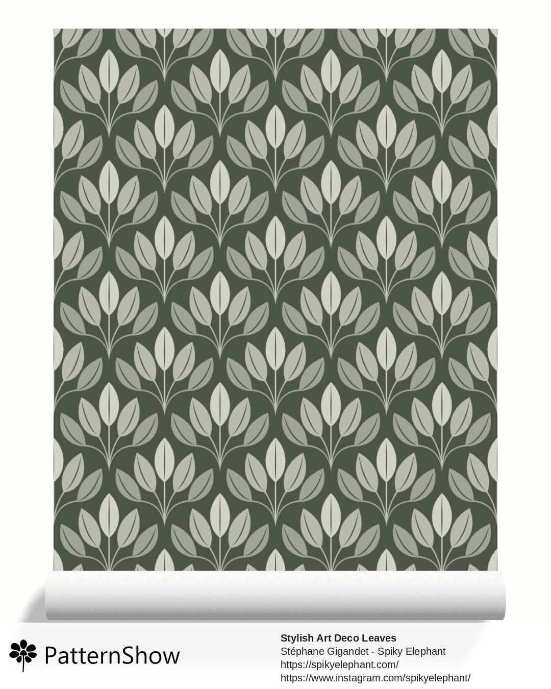 Stylish Art Deco Leaves wallpaper - Soft Nature Sage Green Dark Artichoke