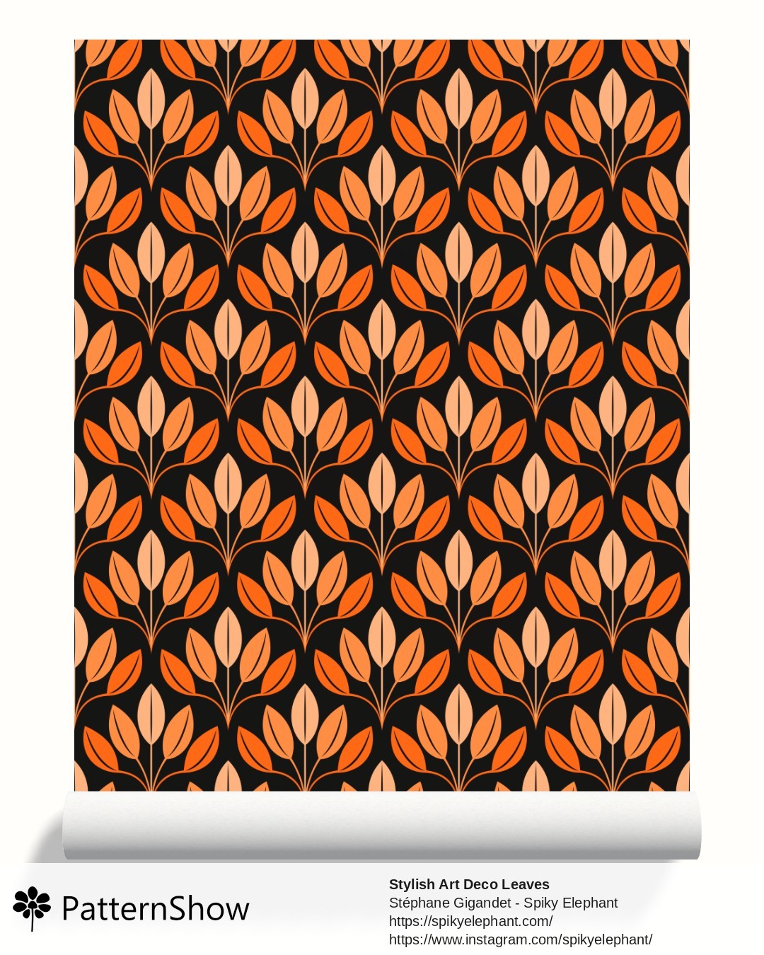 Stylish Art Deco Leaves wallpaper - Flaming Fall Orange Shades Bold Black