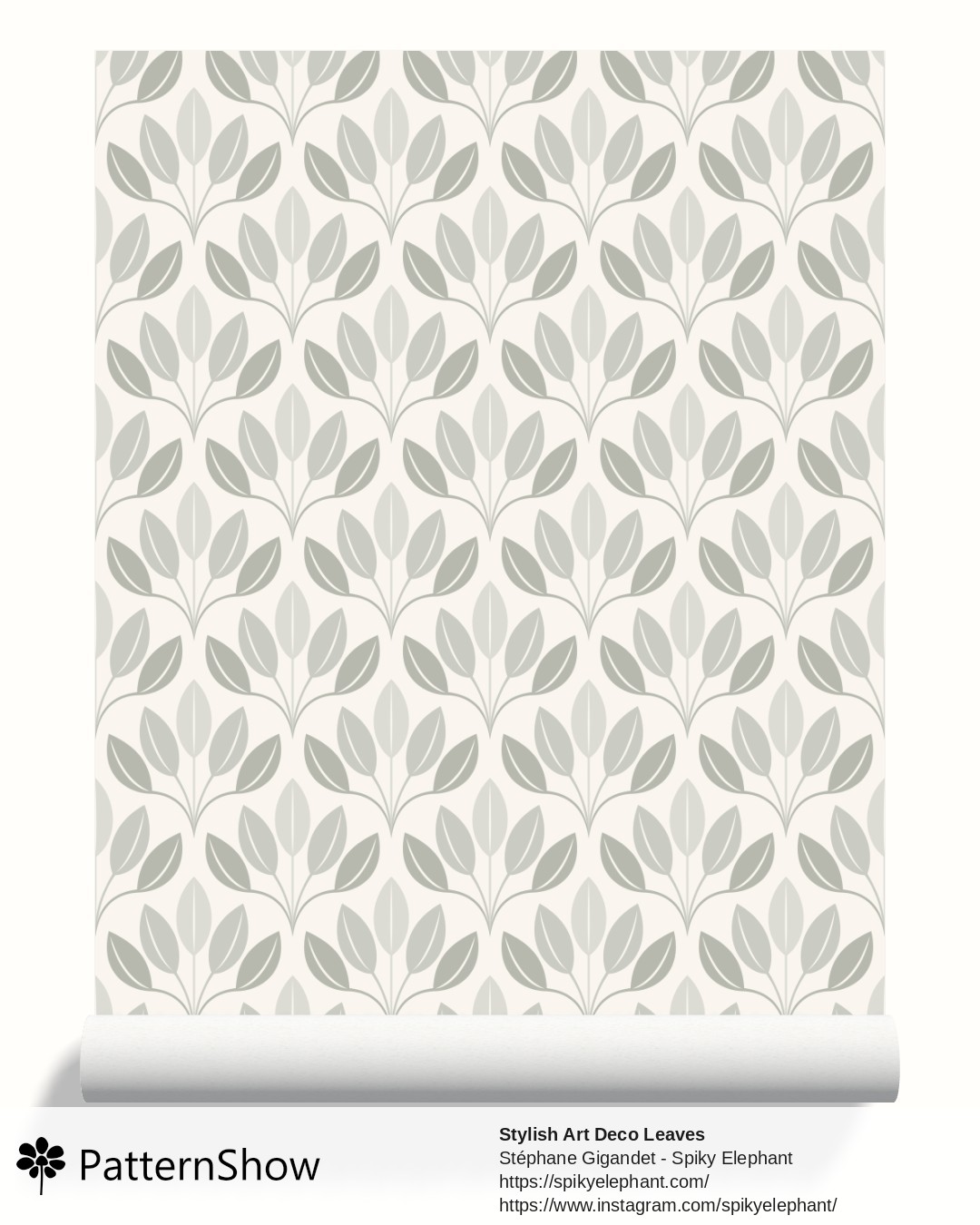 Stylish Art Deco Leaves wallpaper - Light Grey Neutral Green White Cream