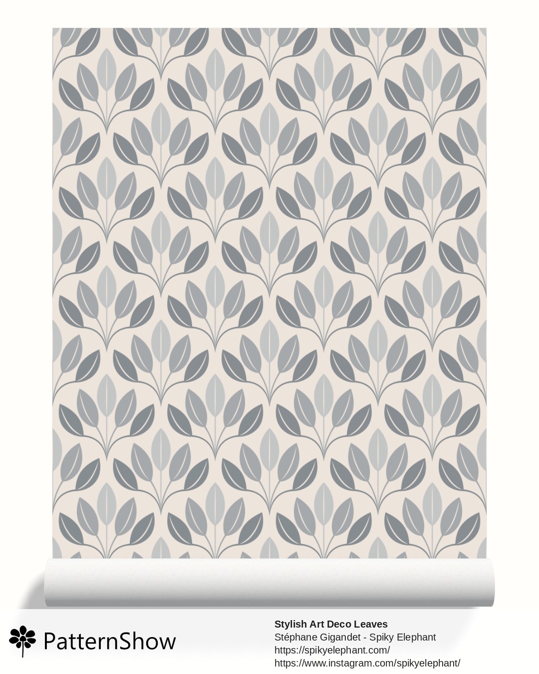 Stylish Art Deco Leaves wallpaper - Steel Grey Blue Bone Soft Peach Cream