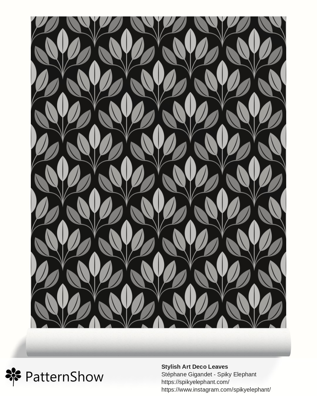 Stylish Art Deco Leaves wallpaper - Monochrome Silver Grey Shades Black