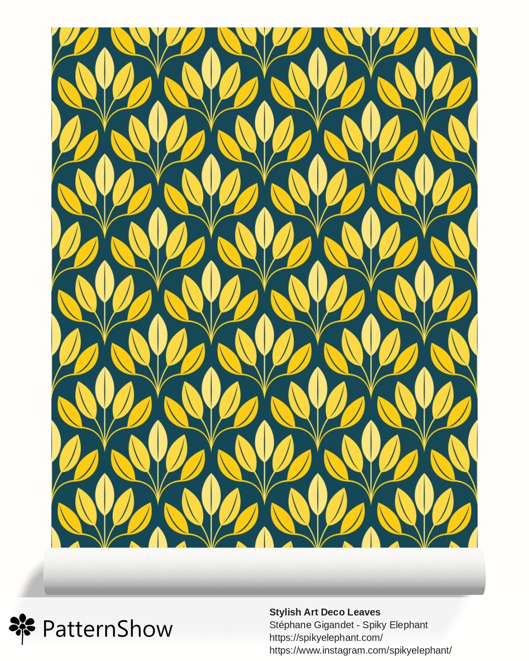 Stylish Art Deco Leaves wallpaper - Yellow Gold Deep Teal Prussian Blue