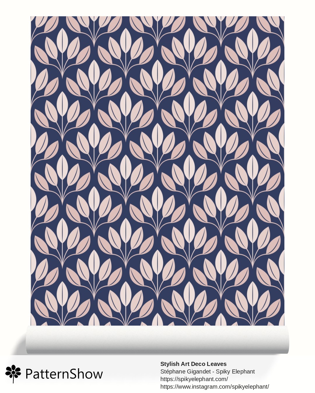 Stylish Art Deco Leaves wallpaper - Light Blush Pink Indigo Navy Blue