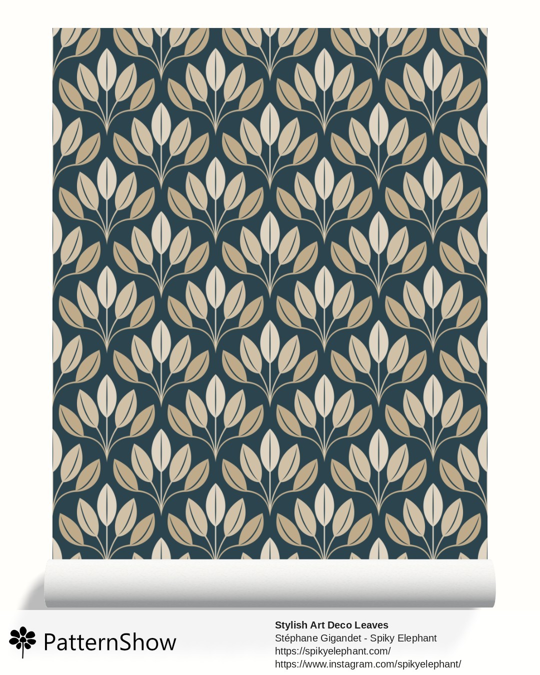 Stylish Art Deco Leaves wallpaper - Beige Tan Ivory Gold Dark Navy Teal