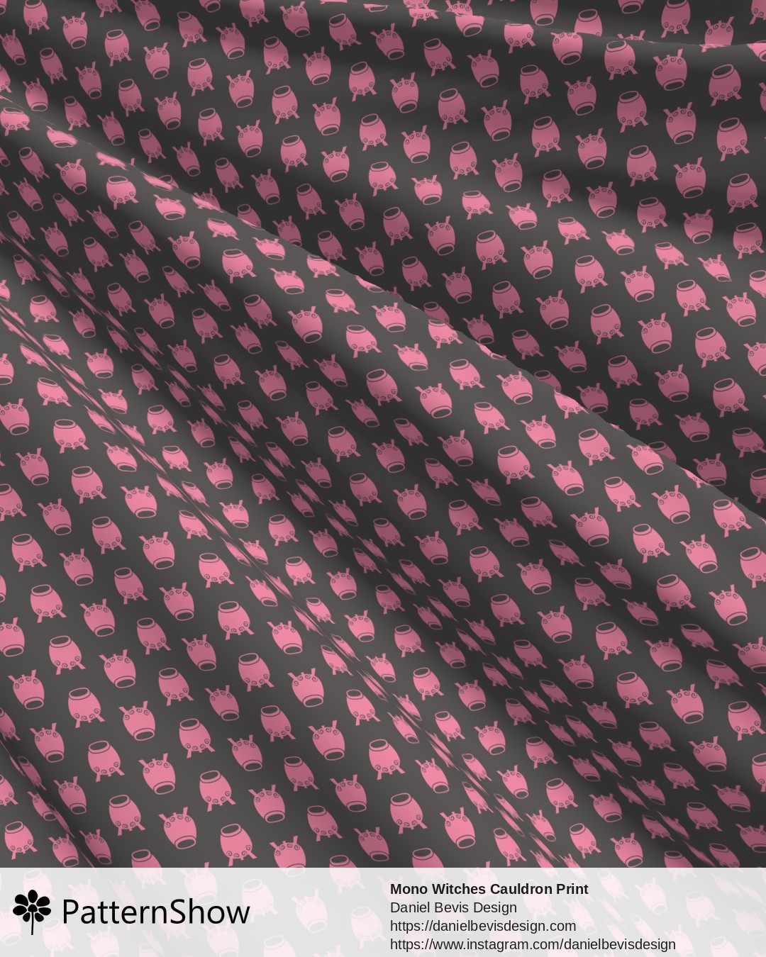 Mono Witches Cauldron Print - Raspberry Pink and Mouse Grey