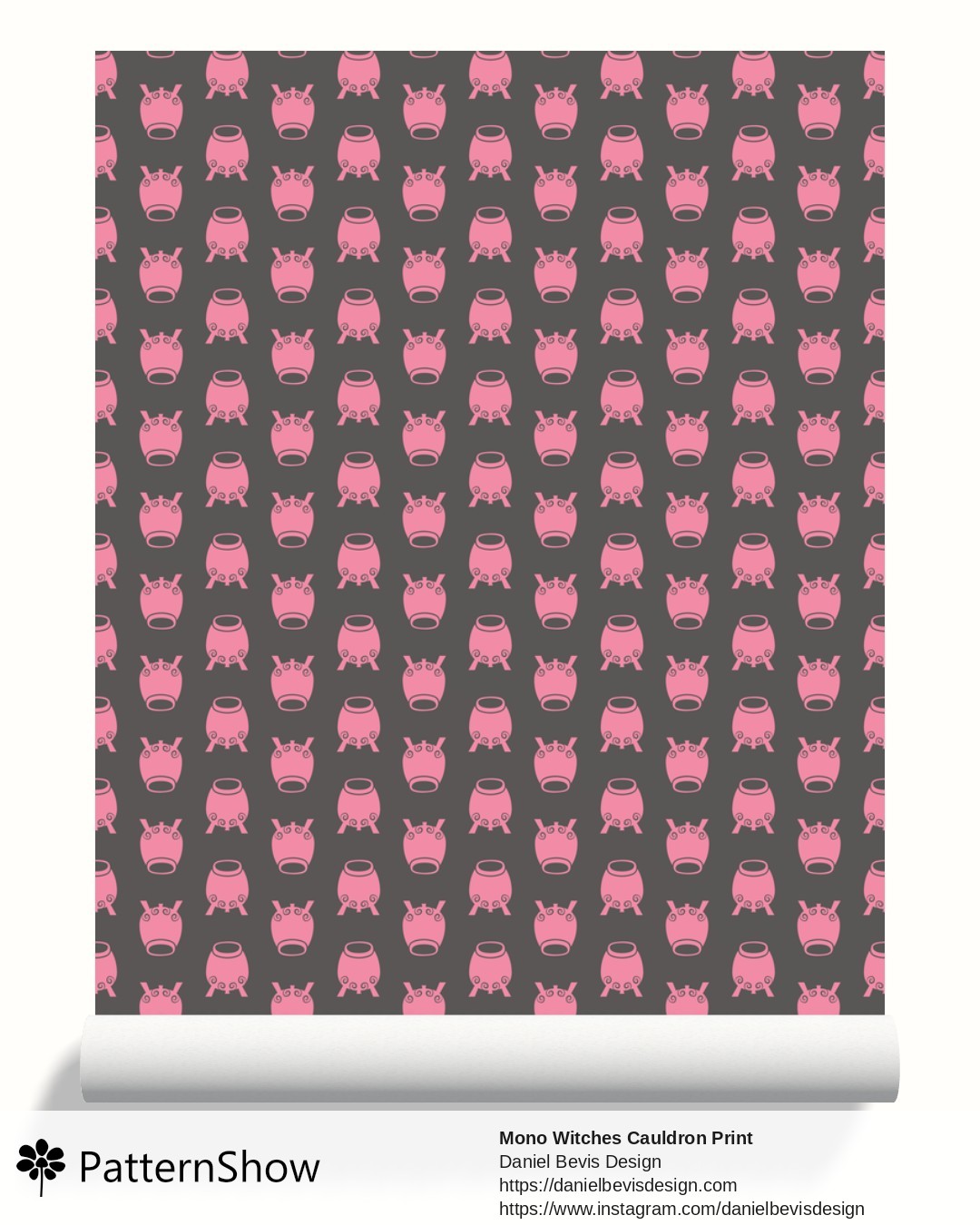 Mono Witches Cauldron Print wallpaper - Raspberry Pink and Mouse Grey