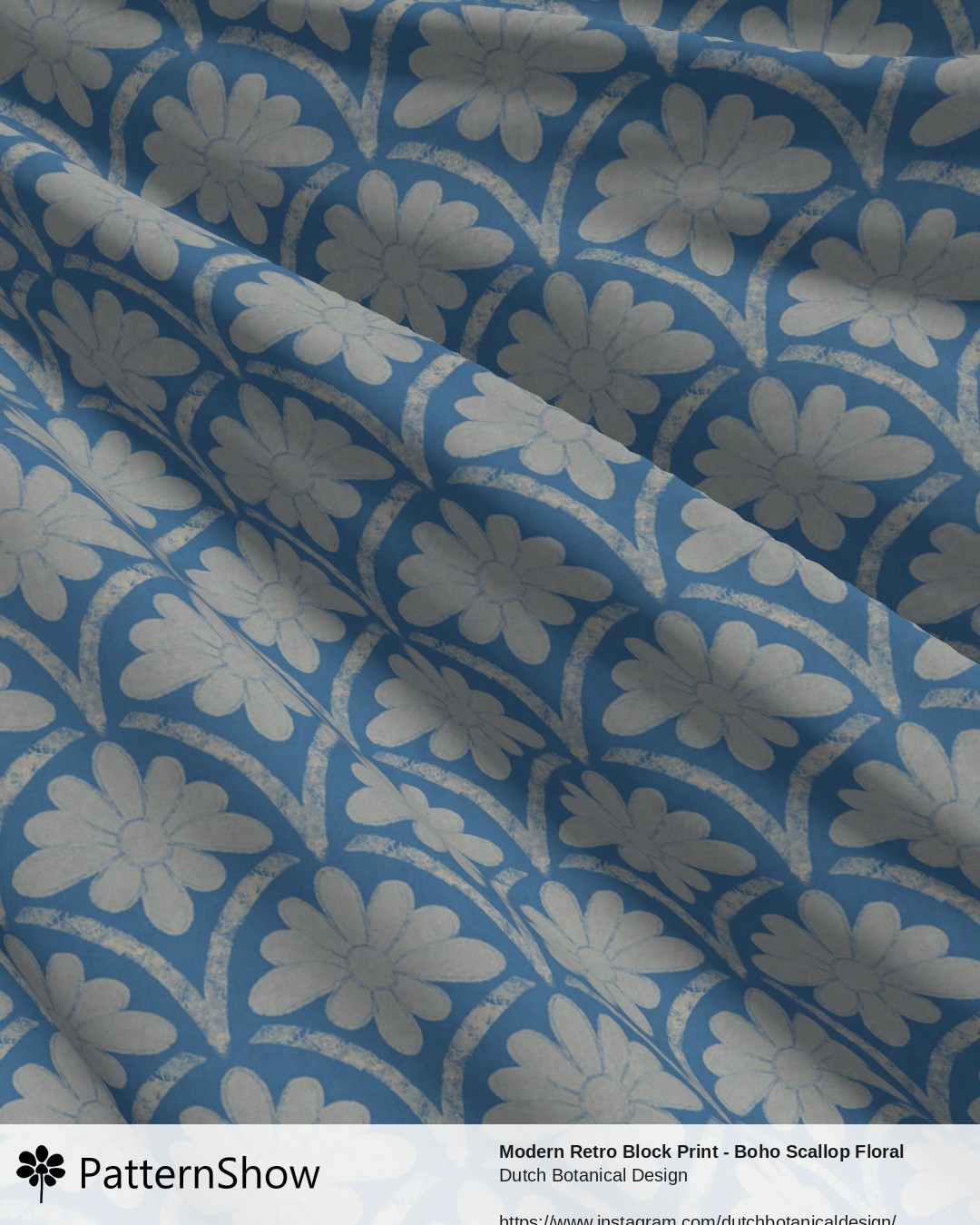 Modern Retro Block Print - Boho Scallop Floral - Small warm Terracotta red - blue