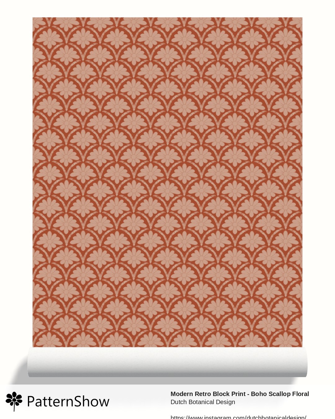 Modern Retro Block Print - Boho Scallop Floral - Small warm Terracotta red wallpaper - terracotta red