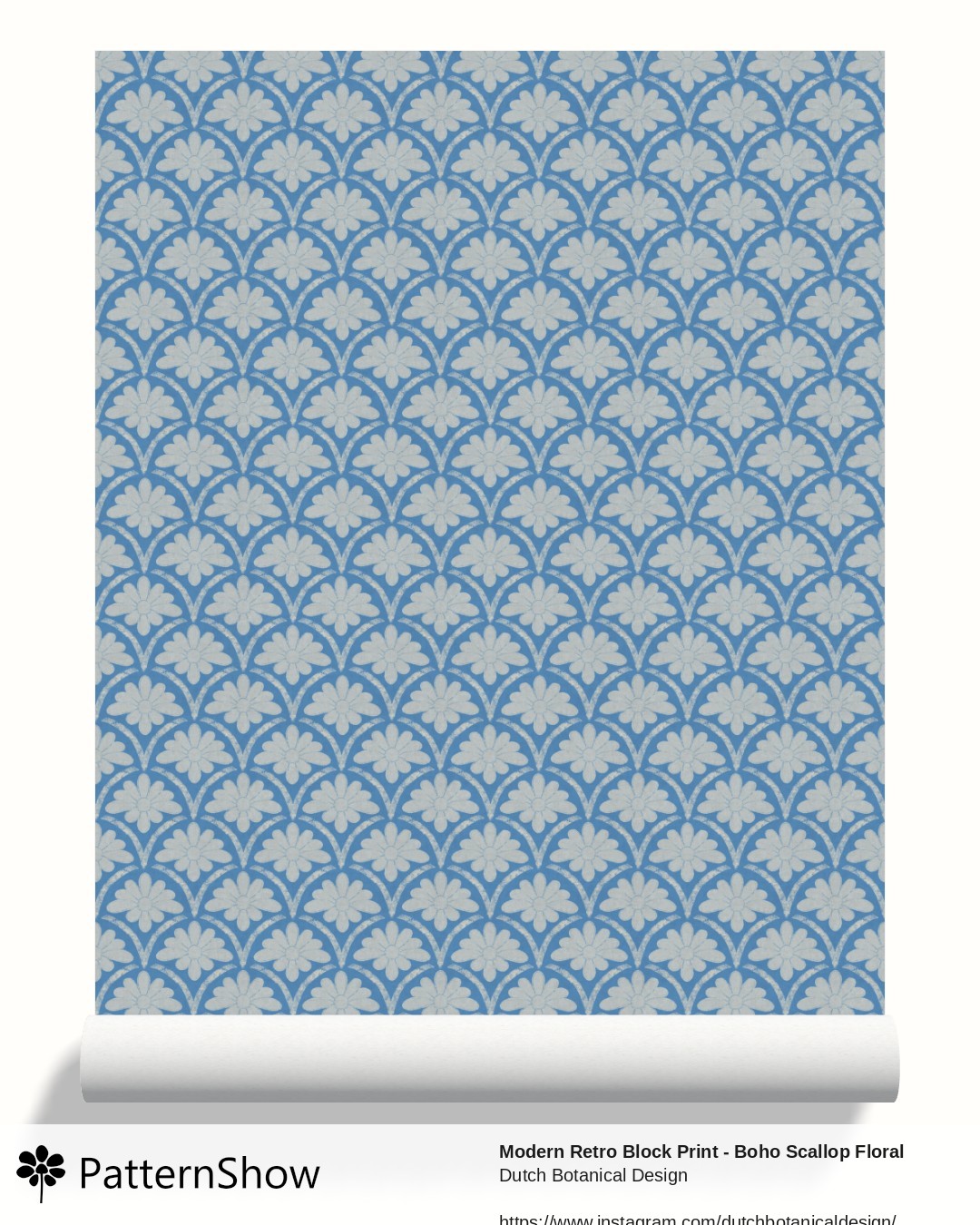 Modern Retro Block Print - Boho Scallop Floral - Small warm Terracotta red wallpaper - blue