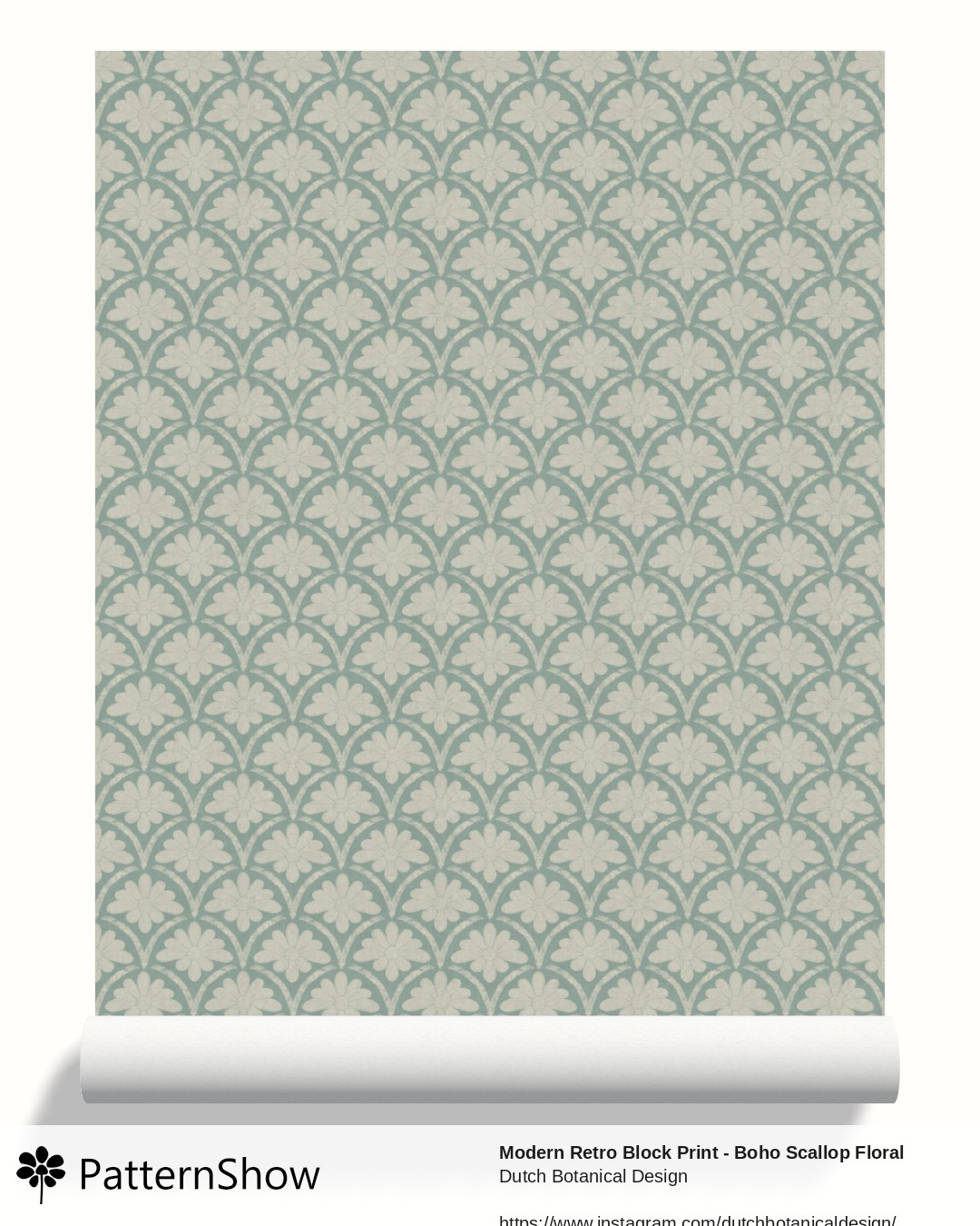 Modern Retro Block Print - Boho Scallop Floral - Small warm Terracotta red wallpaper - Teal Green 