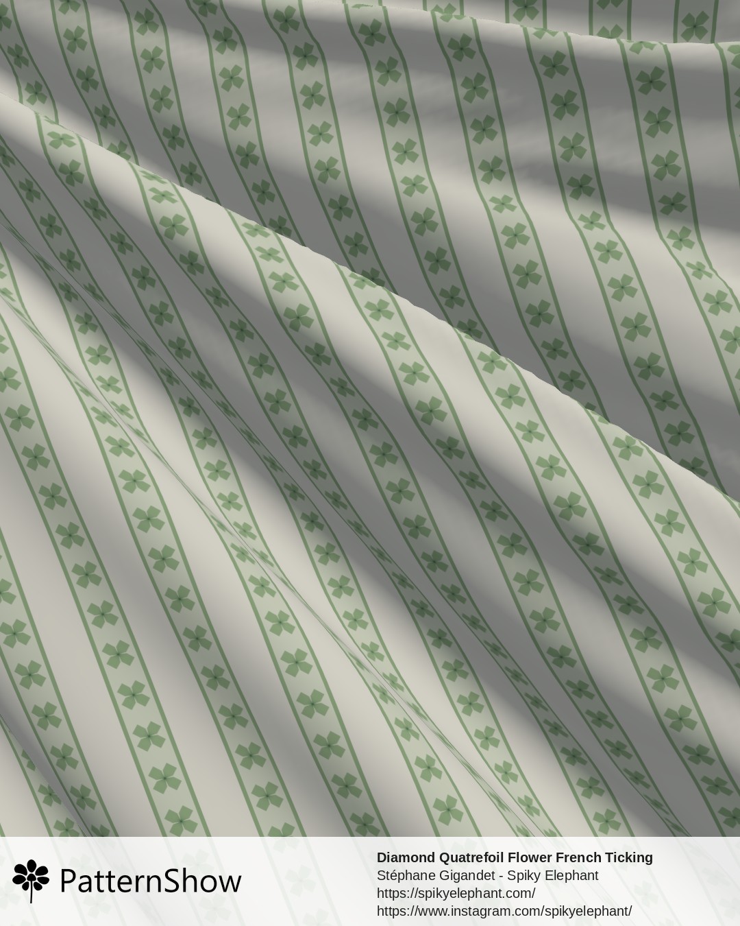 Diamond Quatrefoil Flower French Ticking Stripes - Green Cream